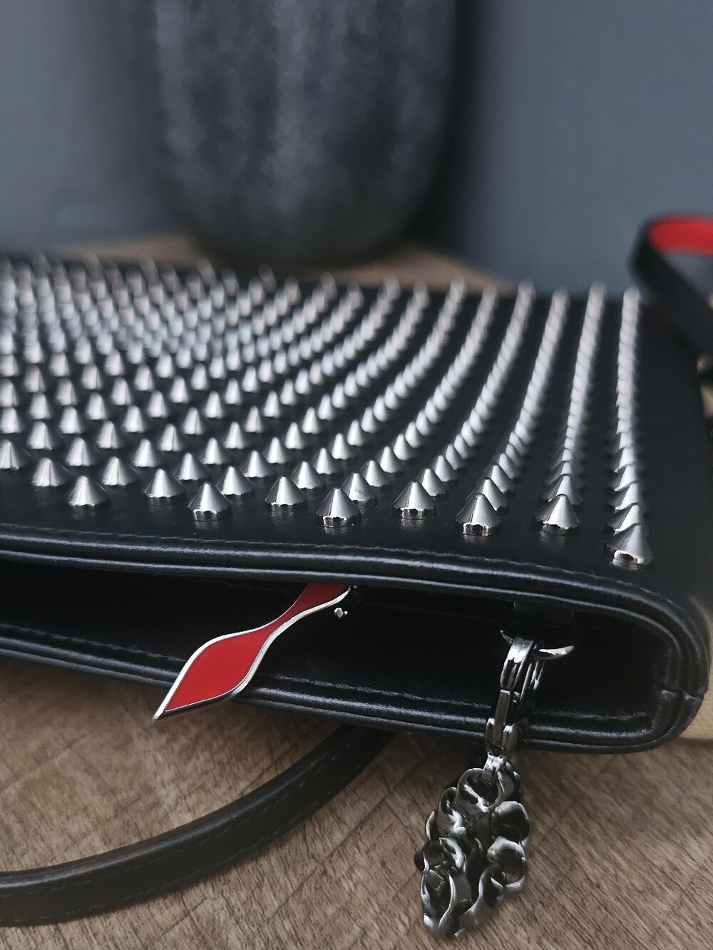 Christian Louboutin Black-Studded Leather Clutch With Red Trim Strap - Picture 5 of 10